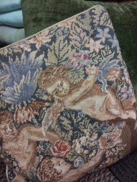 Saturday Socks, tapestry pillow, LifeBridge, thrift Store, Hey Sadie Mae